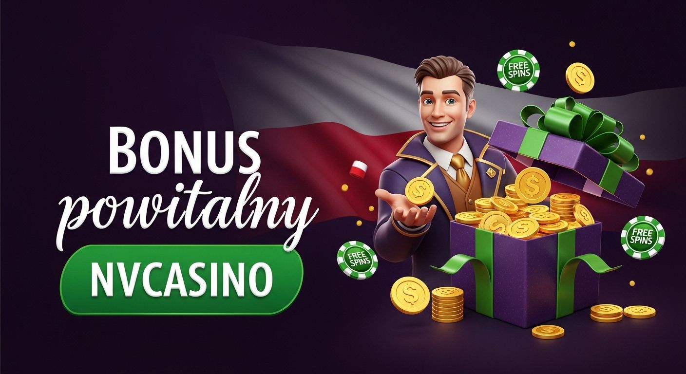 Stwórz obrazek na temat: Bonus powitalny w kasynie online. Pokaż pudełko z prezentem, darmowe spiny, monety i szczęśliwego nowego gracza otrzymującego nagrodę. Bonus powitalny NVcasino na język polski dla graczy z Polski. Użyj flagi Polski
