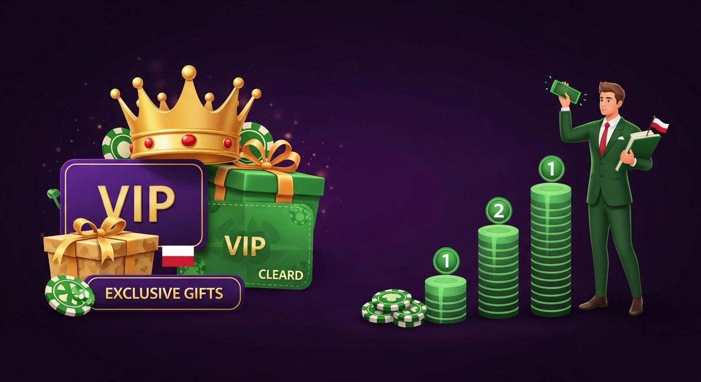 Stwórz obrazek na temat: VIP i nagrody lojalnościowe w kasynie online. Pokaż złotą koronę, kartę VIP, ekskluzywne prezenty i gracza osiągającego wyższe poziomy. Programy lojalnościowe i VIP NVcasino na język polski dla graczy z Polski. Użyj flagi Polski