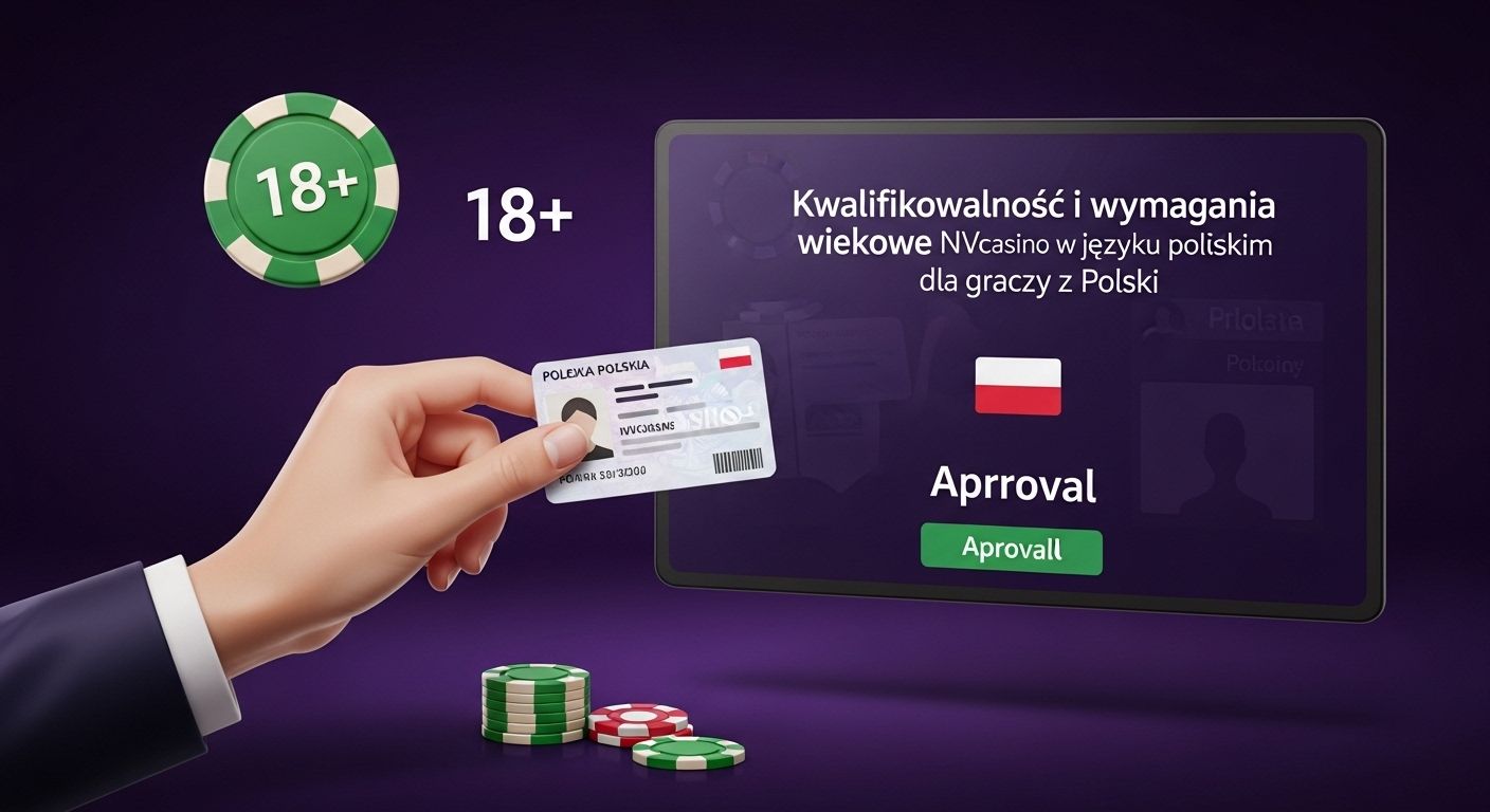 Zrób obrazek na temat: Wiek i wymagania prawne, aby dołączyć do kasyna. Pokaż ikonę 18+, sprawdzenie dowodu osobistego i ekran zatwierdzenia gracza. Kwalifikowalność i wymagania wiekowe NVcasino w języku polskim dla graczy z Polski. Użyj flagi Polski