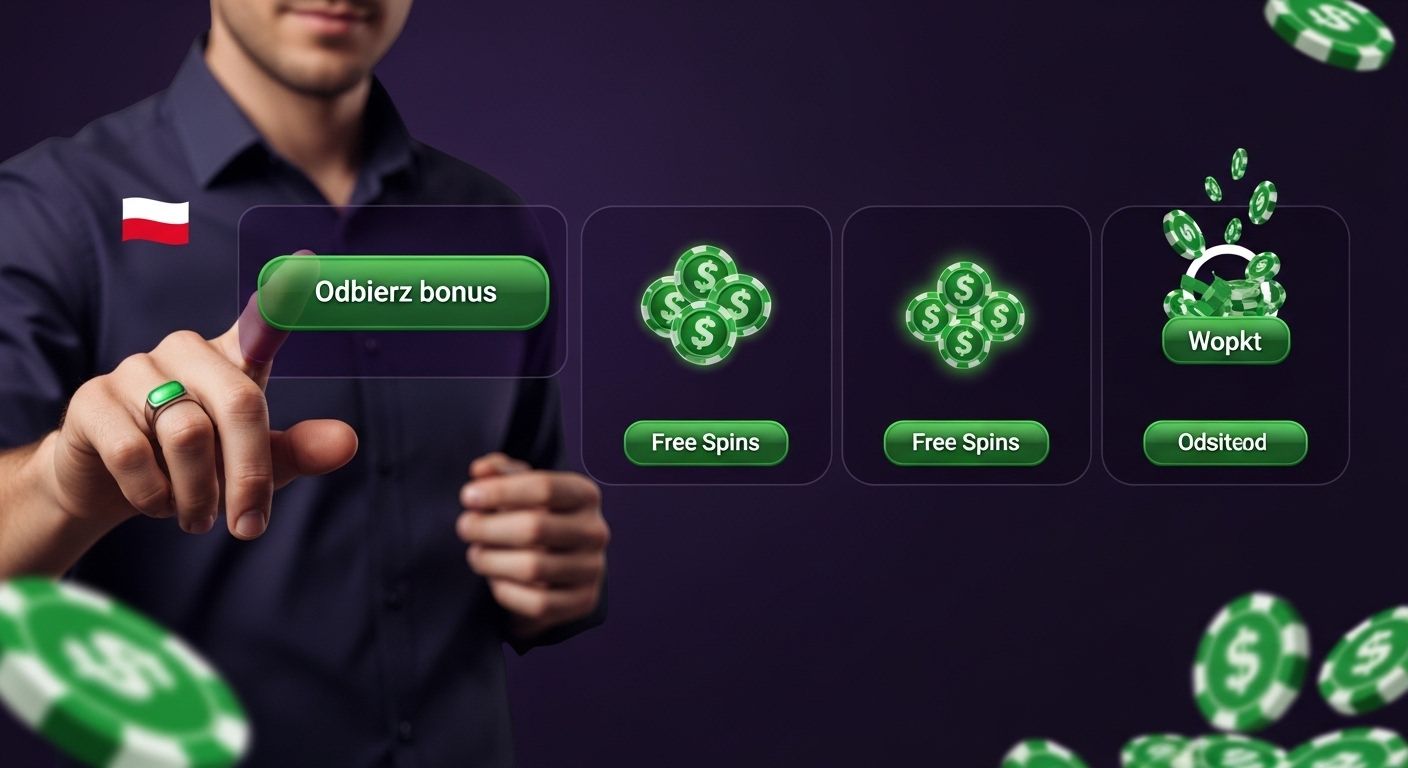 Zrób obrazek na temat: Jak aktywować i używać bonusów w kasynie online. Pokaż graczowi klikającemu przycisk „Odbierz bonus”, używającemu darmowych spinów lub odblokowującego dodatkowe środki. Jak odebrać i używać bonusów NVcasino w języku polskim dla graczy z Polski. Użyj flagi Polski