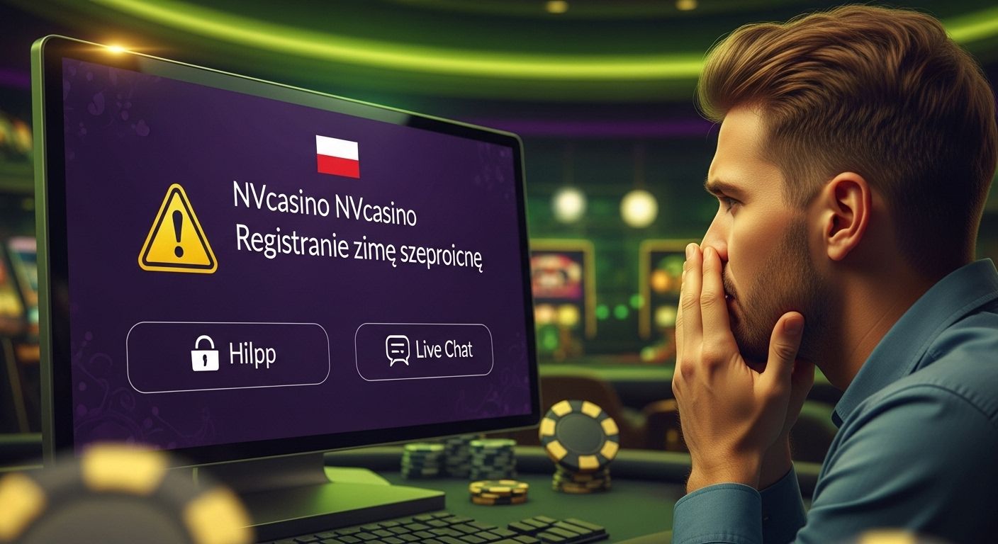 Zrób obrazek na temat: Rozwiązywanie problemów z rejestracją w kasynie online. Pokaż zdezorientowanego gracza, komunikat o błędzie i ikony pomocy lub wsparcia na czacie na żywo. Rozwiązywanie problemów z rejestracją NVcasino w języku polskim dla graczy z Polski. Użyj flagi Polski